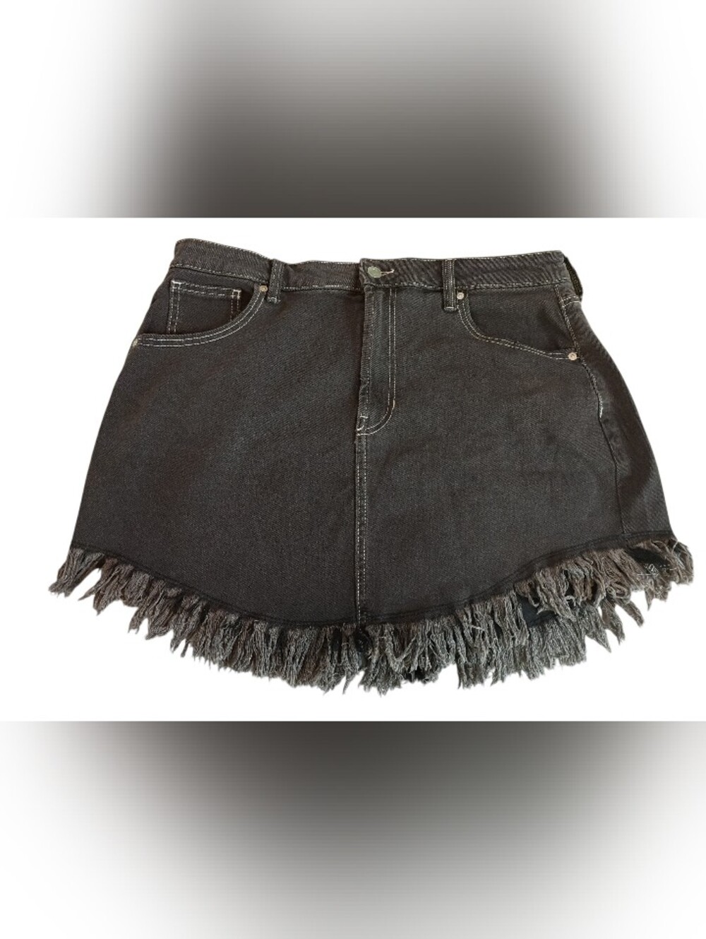 Celebrity Pink Black Fringed Denim Mini Skirt
